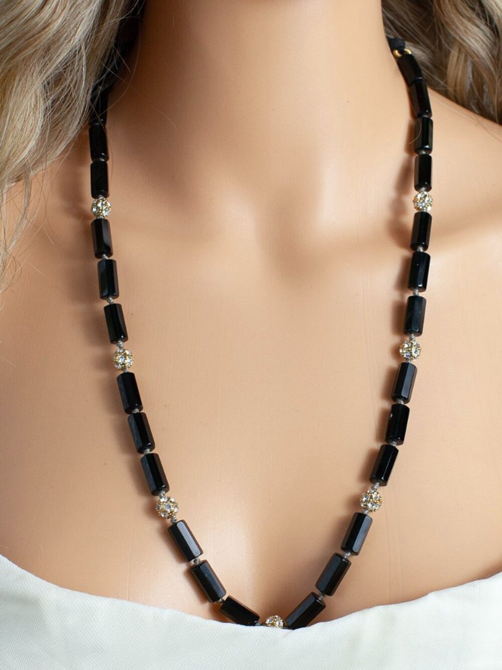 J.Crew Black Beaded Crystal Pave Ribbon Tie Necklace 56" Choker Multiwear Y2K